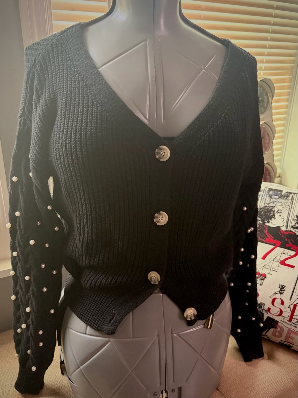 Jessica Simpson Black V-Neck Pearl-Embellished Cardigan